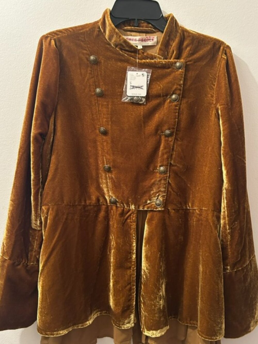 Free People Faye Lush Golden Honey Velvet Military Inspired Ruffle Jacket NWT